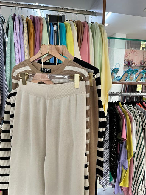 PLOYPA Casual Strip Cardigan With Loose Wide Leg Pants